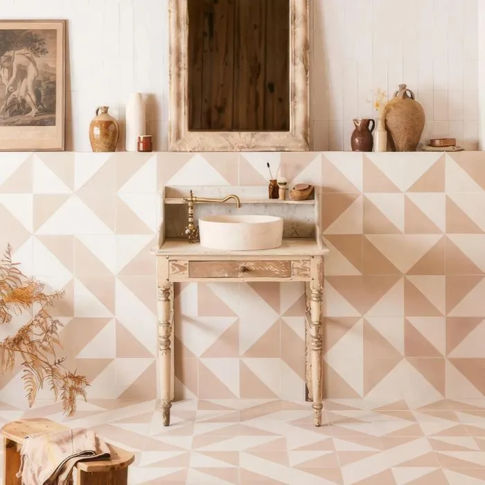 Clean and bright bathroom with geometric tiled floor