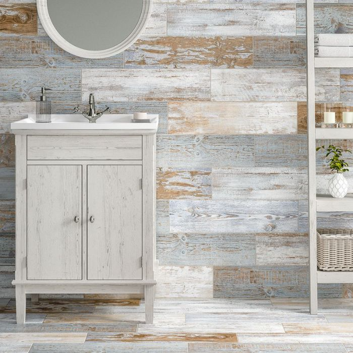 Modern bathroom design with a textured wood-effect wall and a pristine white sink