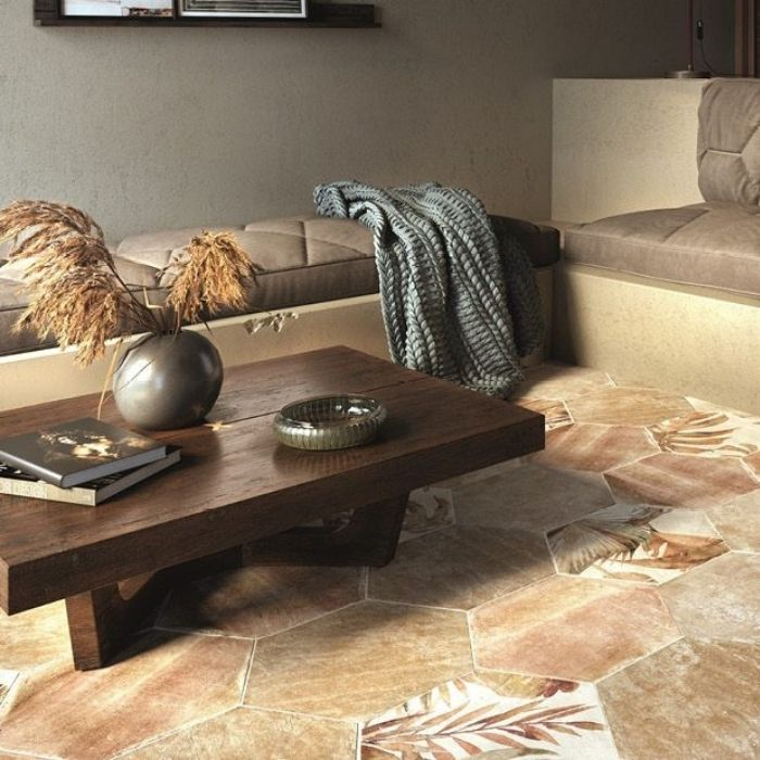 Living room with rustic brown hexagon floor tiles and a low wooden table