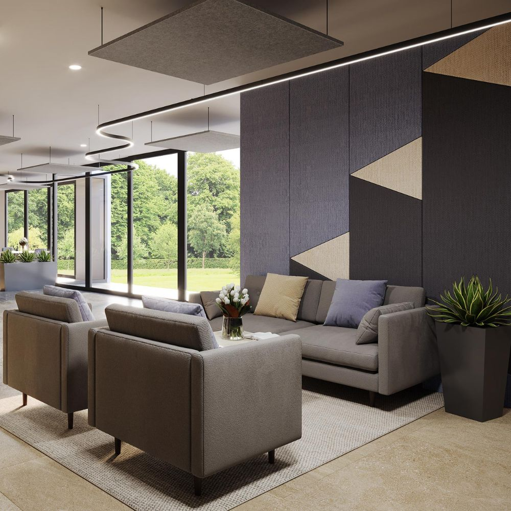 stylish lounge featuring sleek grey furnishings and acoustic wall tiles