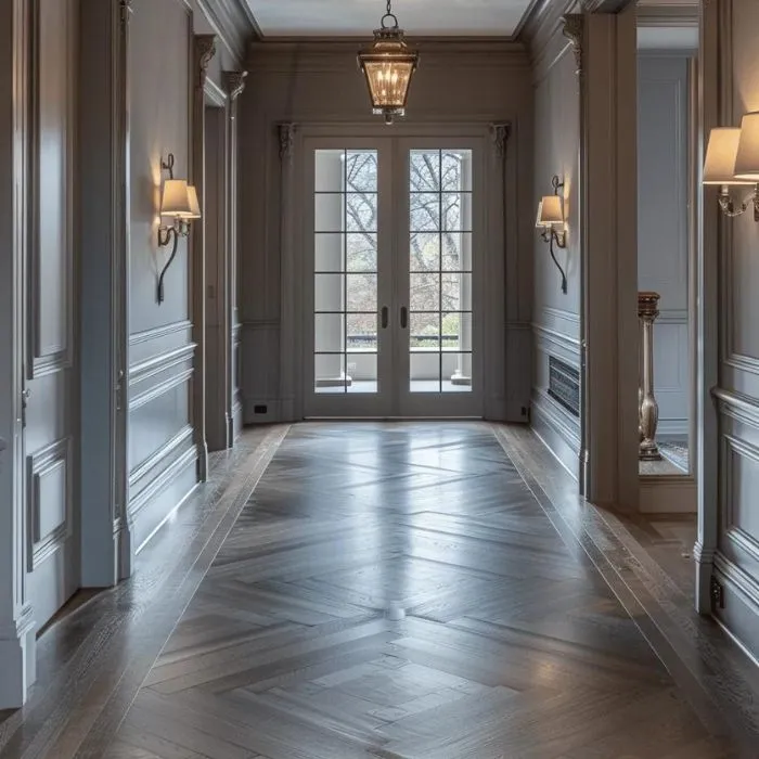 Elegant wood floor hallway with a hanging chandelier