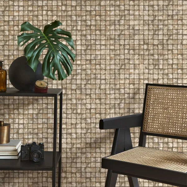 Neutral-toned decor with a textured beige mosaic wall background