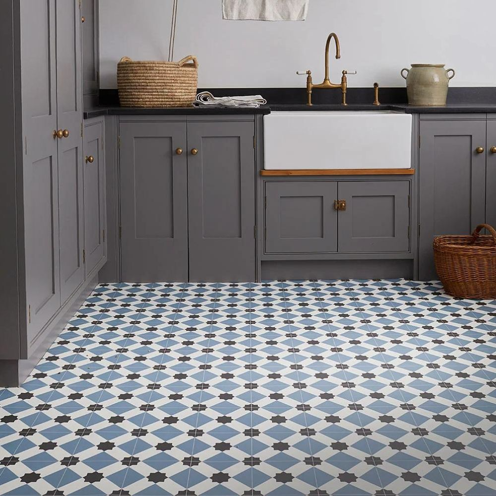 modern kitchen with blue and white vinyl tiles