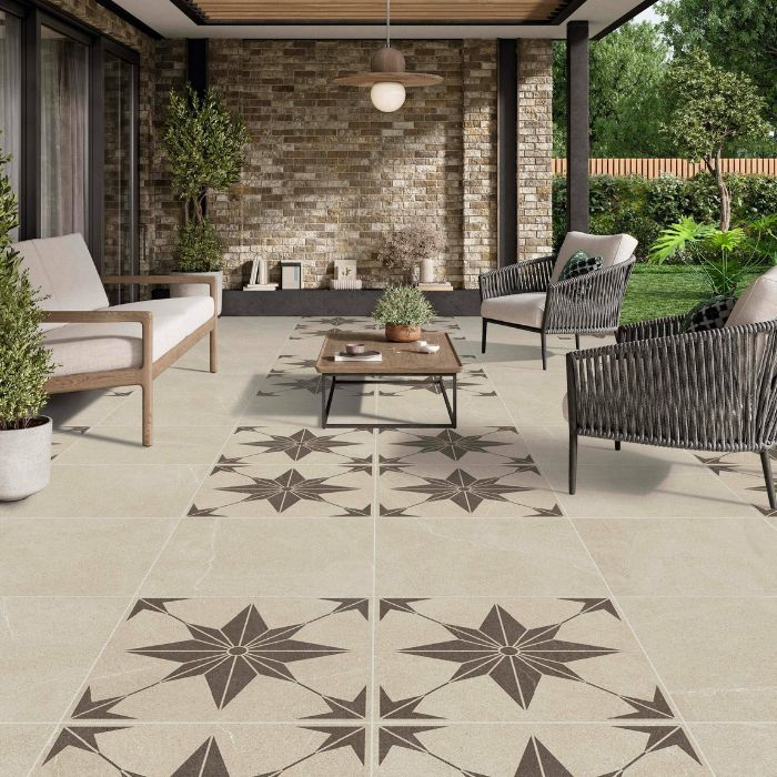 Stylish patio with patterned outdoor tiles and chic furniture ensemble