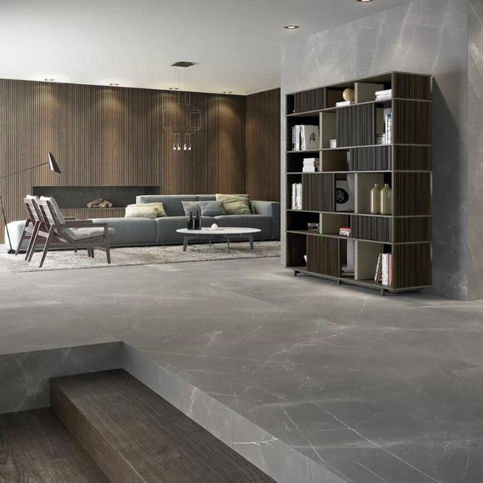 Minimalistic living room with grey tiled floor