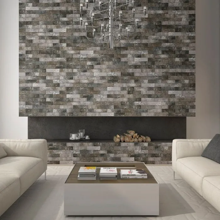 Modern living room with a striking brick wall as the focal point