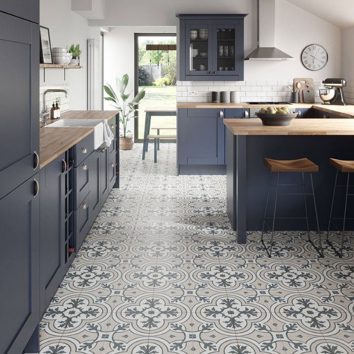 Clean and elegant kitchen featuring blue patterned flooring