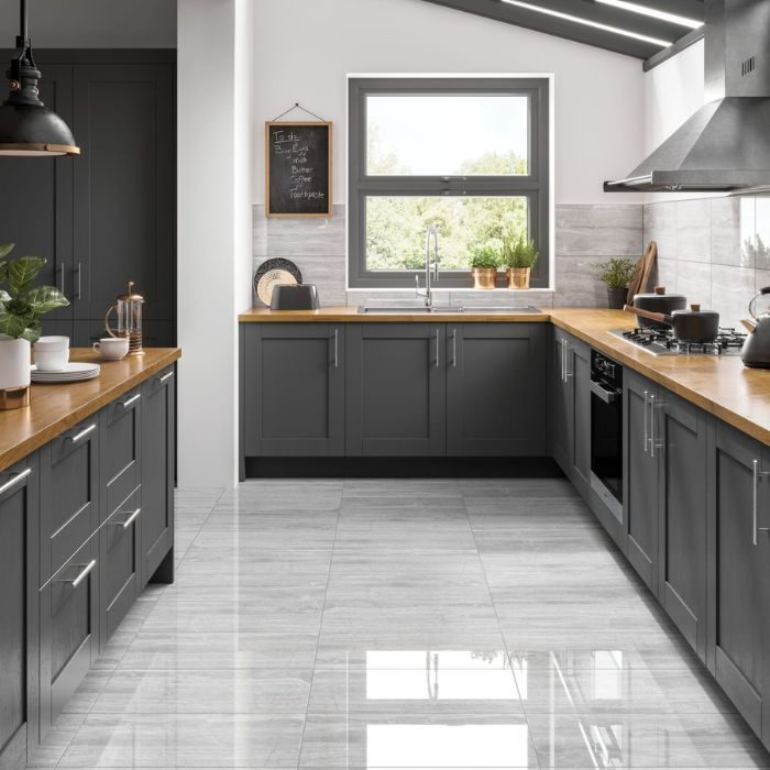 Modern kitchen with grey cabinets and warm wooden counter tops