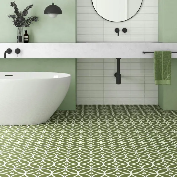 Vibrant green and white tiled bathroom floor 