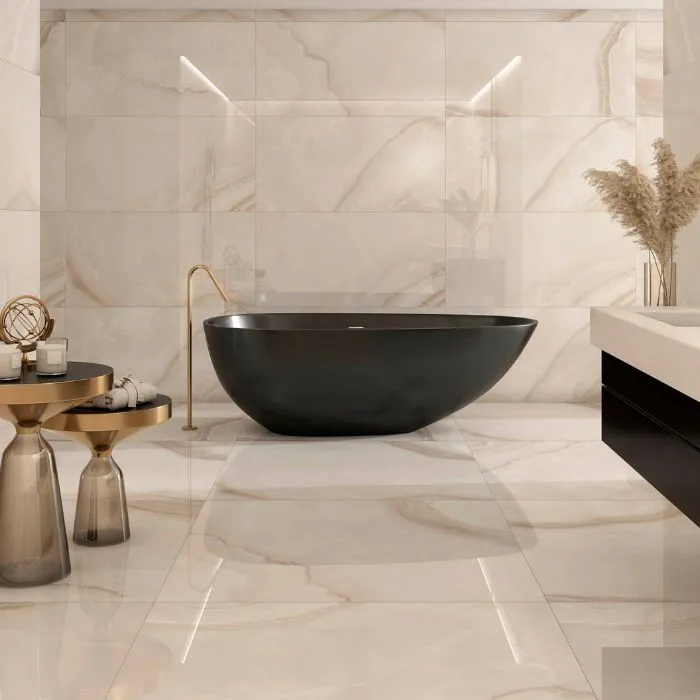 Monochrome marble flooring in a modern bathroom