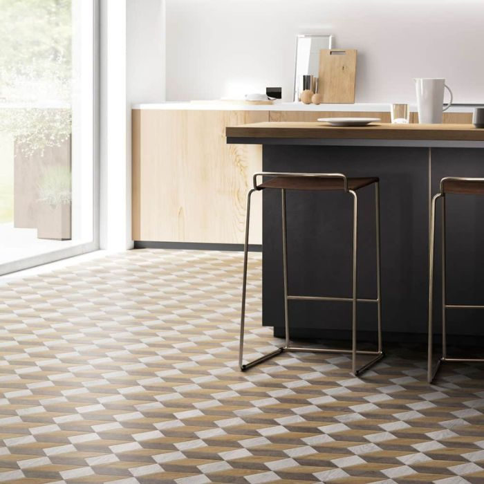 Rustic kitchen with wooden stools on 3D-patterned vinyl tile floor