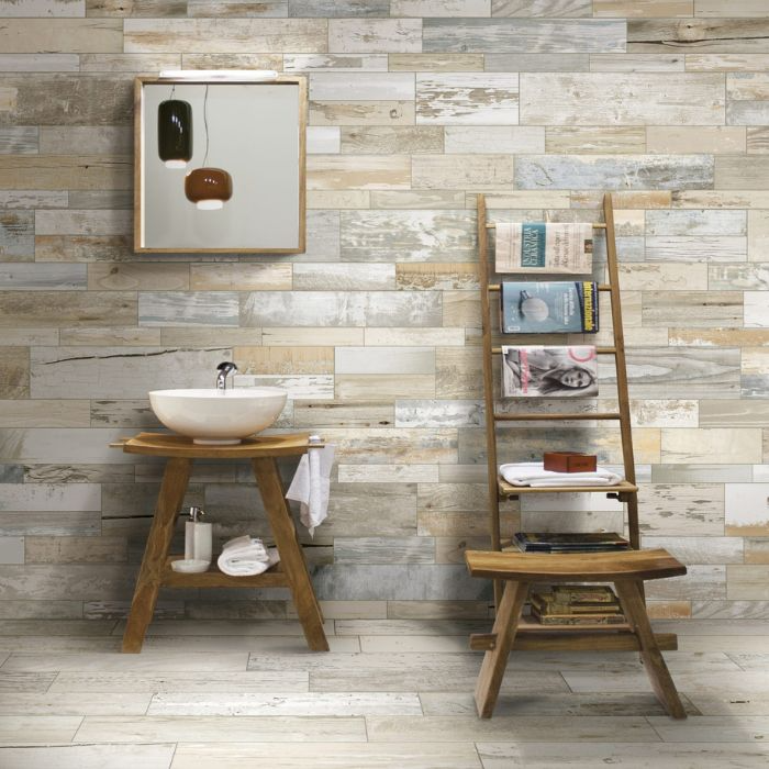 Charming bathroom interior highlighting wood-effect wall tile ideas