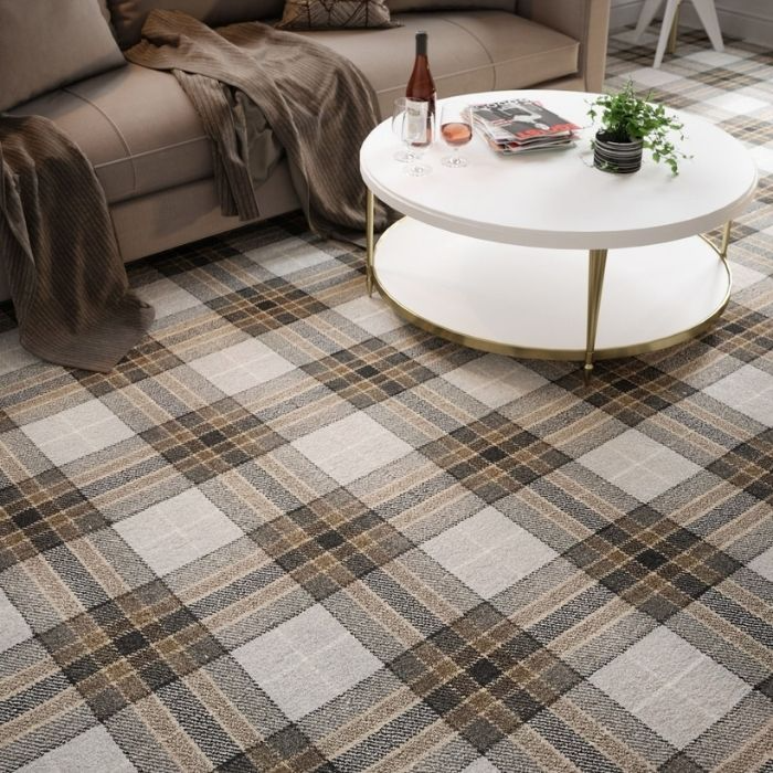 Plaid patterned carpet in a cosy living room