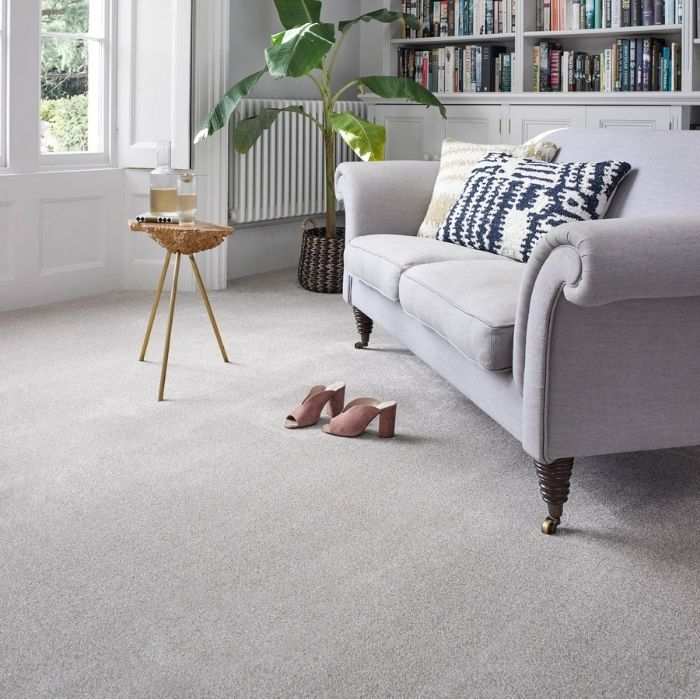 Light grey carpet in a bright living room