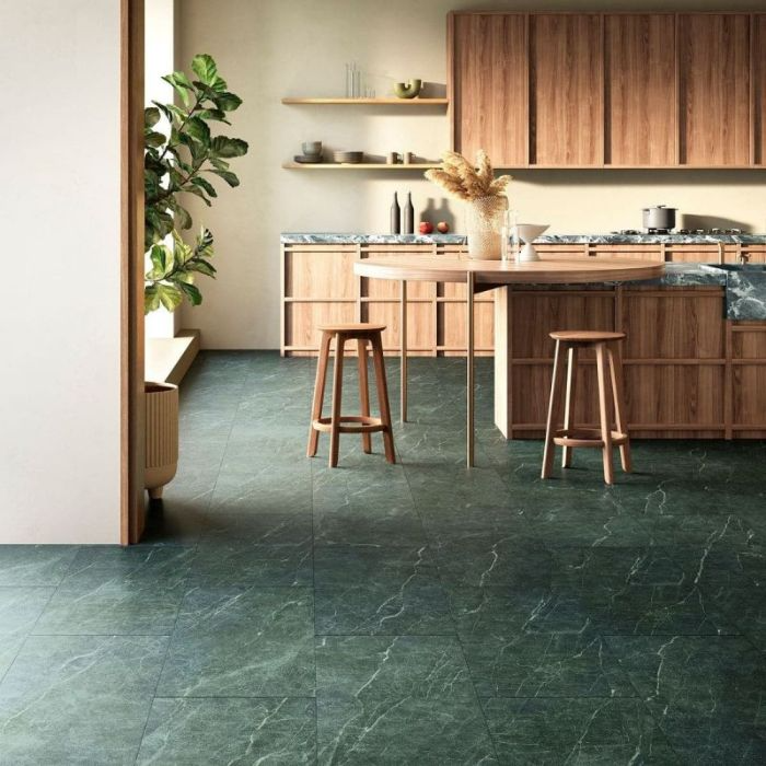 Green marble-effect kitchen floor with intricate veining