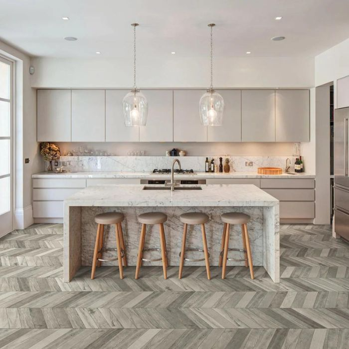 Chic grey chevron tile floor in modern kitchen