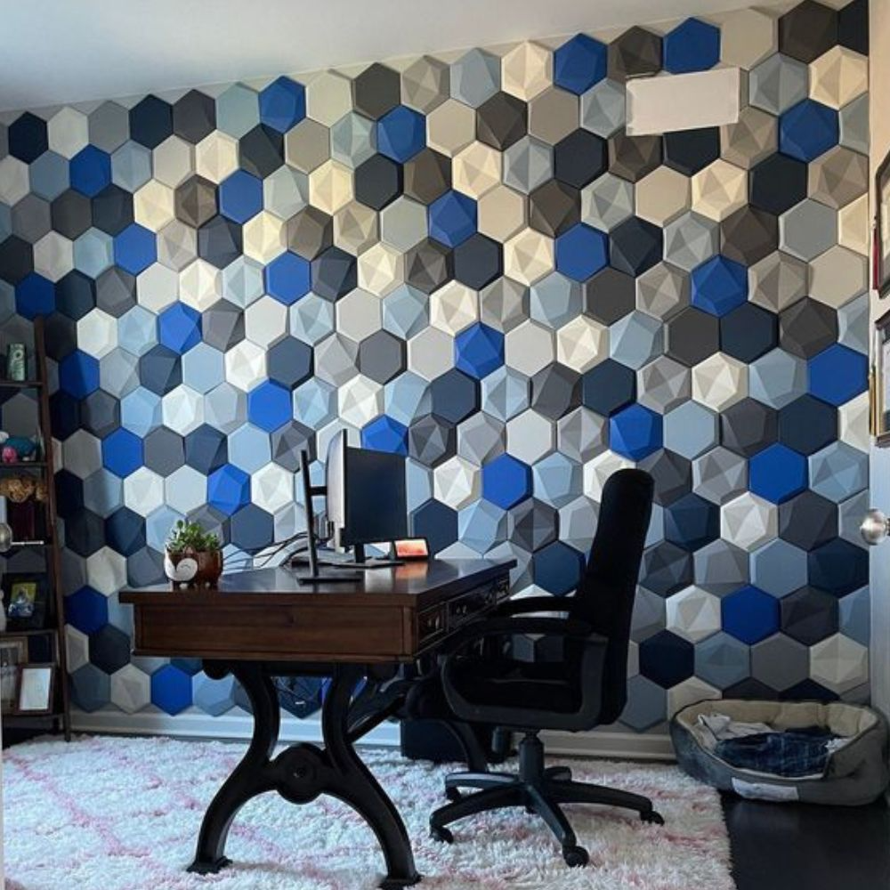 workspace ambiance enhanced by blue and white acoustic hexagonal wall tiles