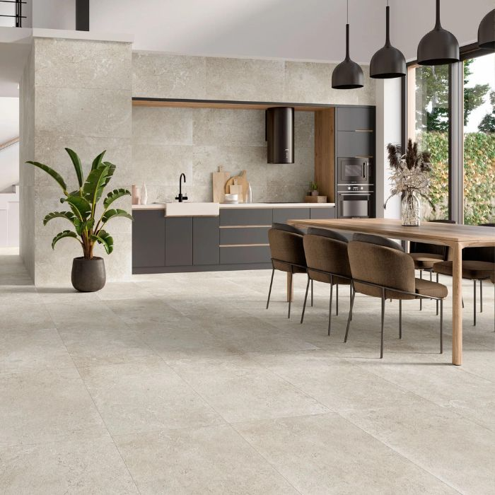 Modern kitchen design with pristine neutral-toned porcelain tiles