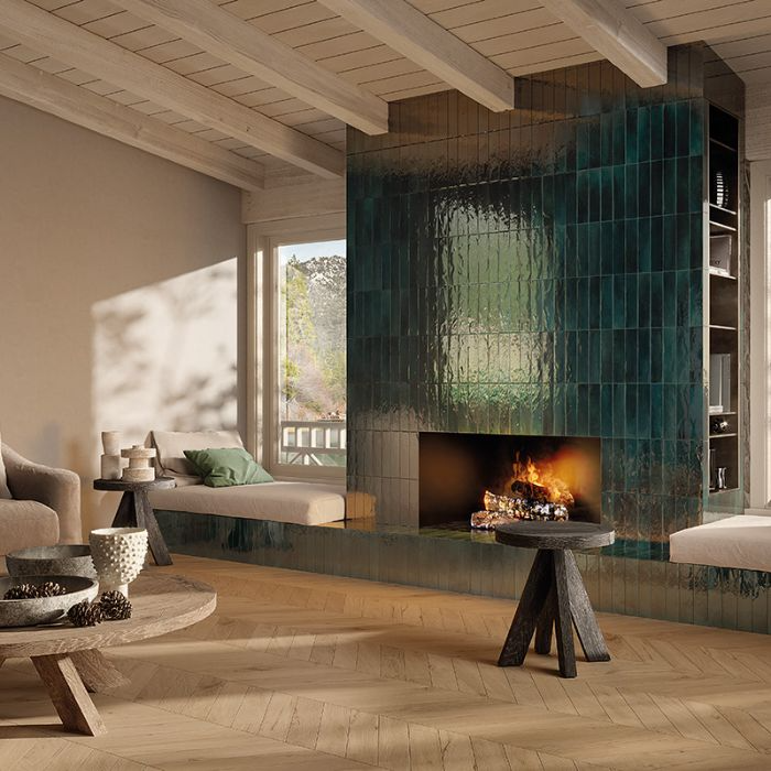 Green tiled fireplace in modern living room setting