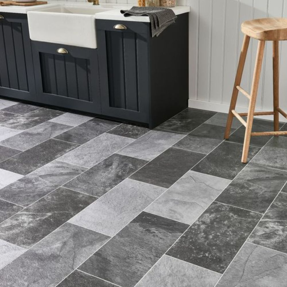 slate grey and black vinyl tile flooring in a modern kitchen