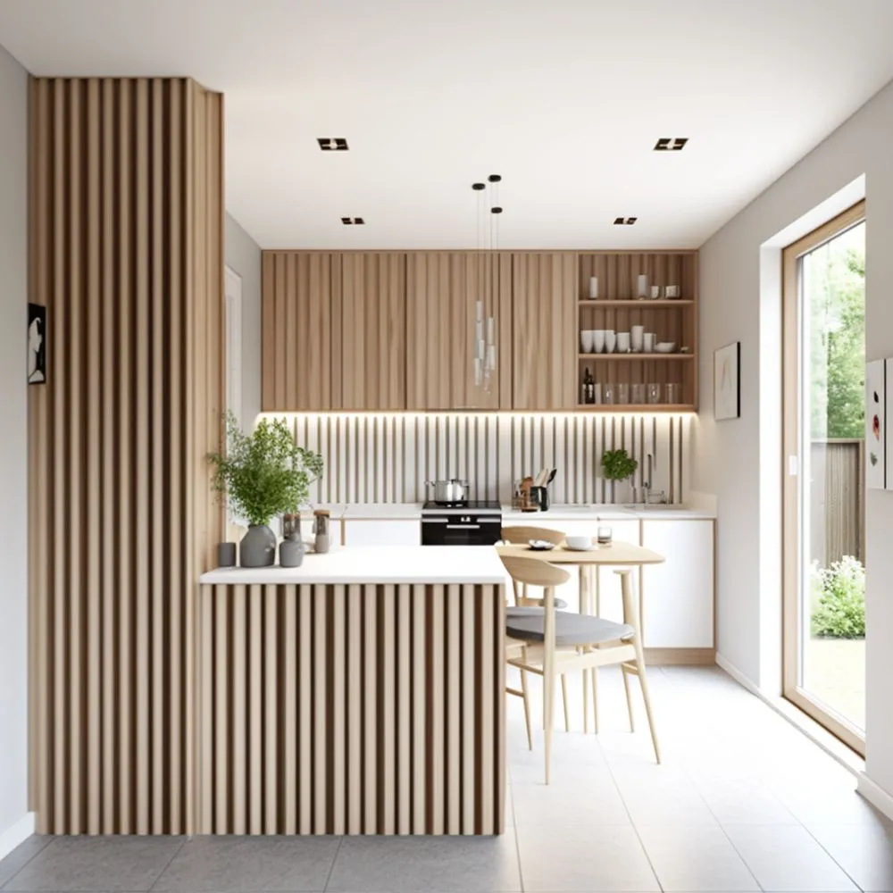 Modern kitchen interior with wooden panel backsplash design