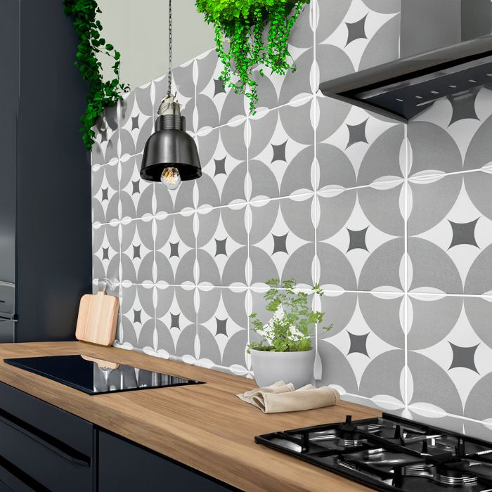 Stylish kitchen with contrasting grey patterned tiles