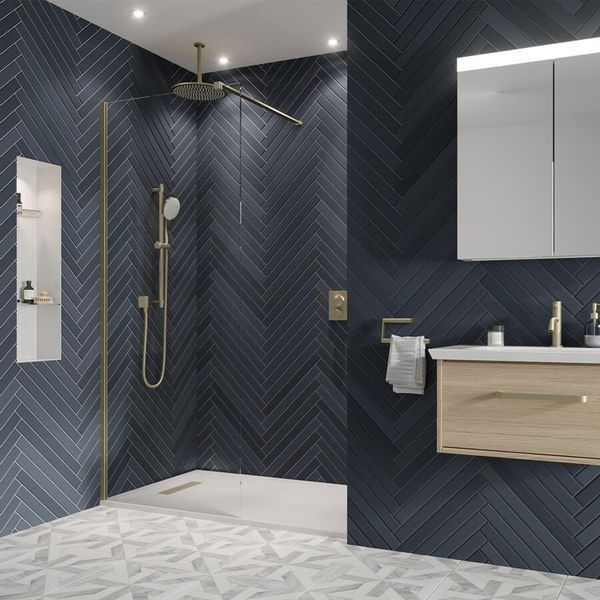 Monochrome bathroom with stylish herringbone tiles