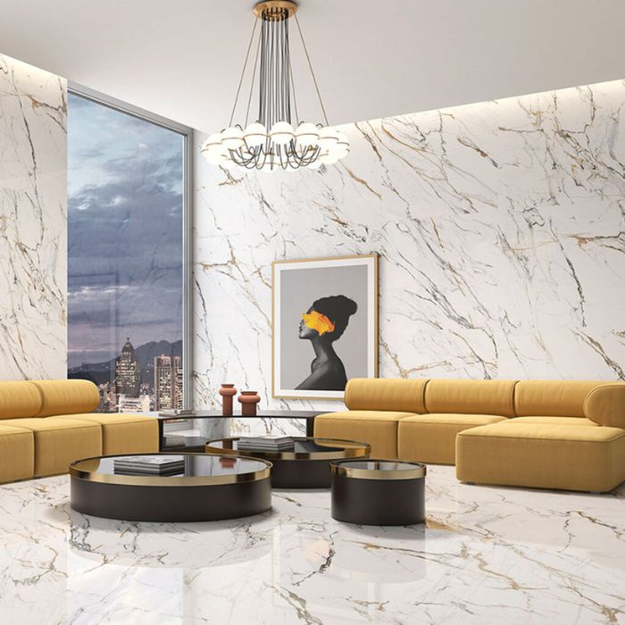 A modern living room showcasing elegant marble floors and stylish furniture