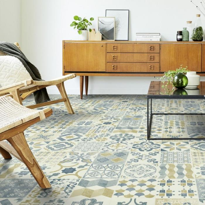 An inviting lounge space highlighted by vibrant blue and white tiles on the floor