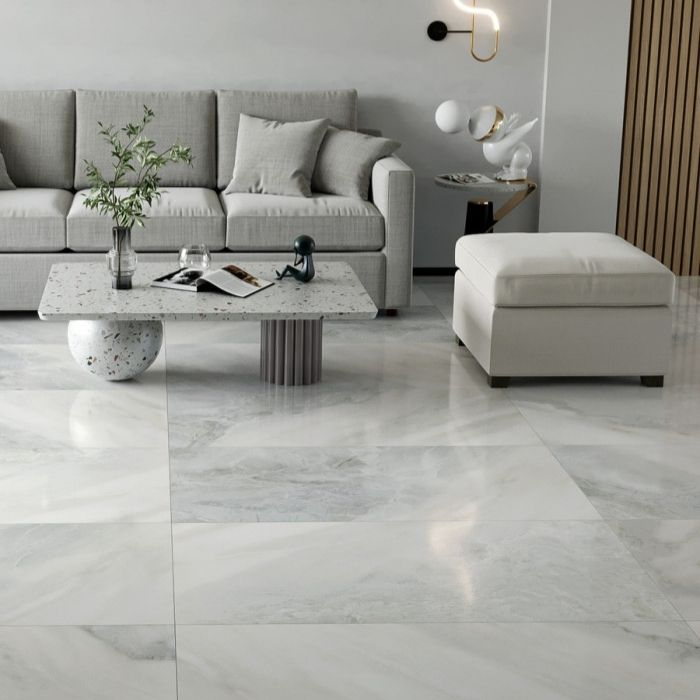 Living room with large-format grey porcelain tiles