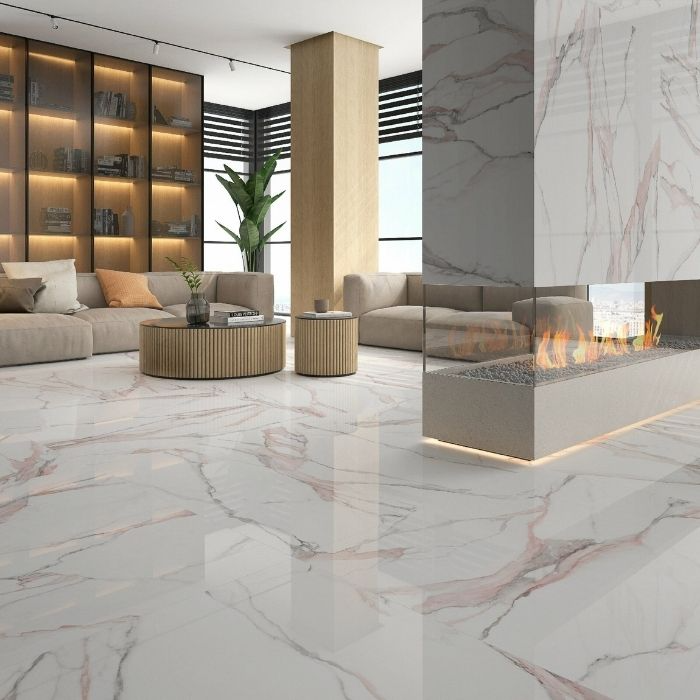 Modern living room with white marble tile flooring