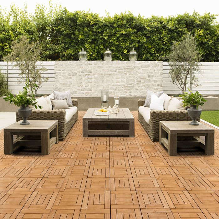 Outdoor patio with fir tiles and stylish furniture