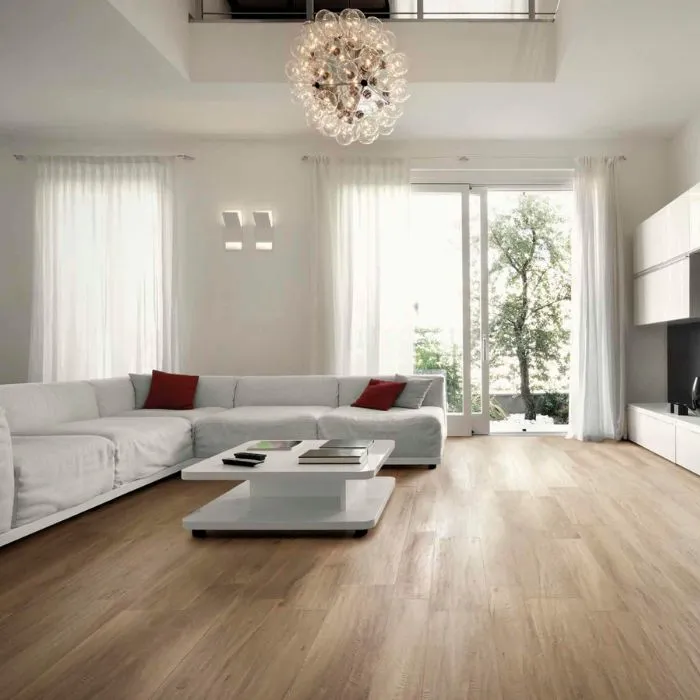 Modern white living room with wooden floors