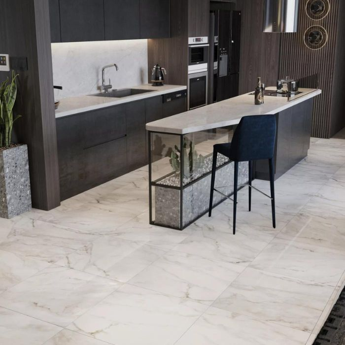 Monochrome kitchen with gold polished porcelain kitchen floor tile