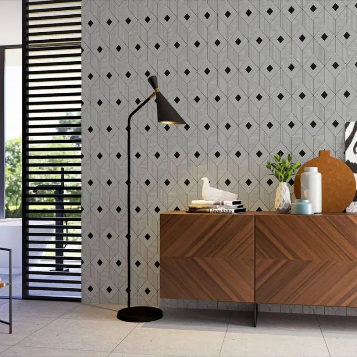 Contemporary living space with eye-catching black and white tiles