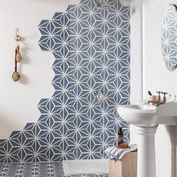 Stylish blue and white hexagon tiles in a bathroom