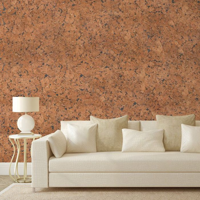 Warm and inviting living room interior with cork feature wall