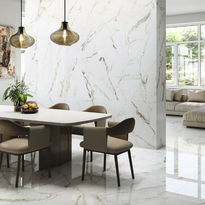 Stylish dining area showcasing marble wall design