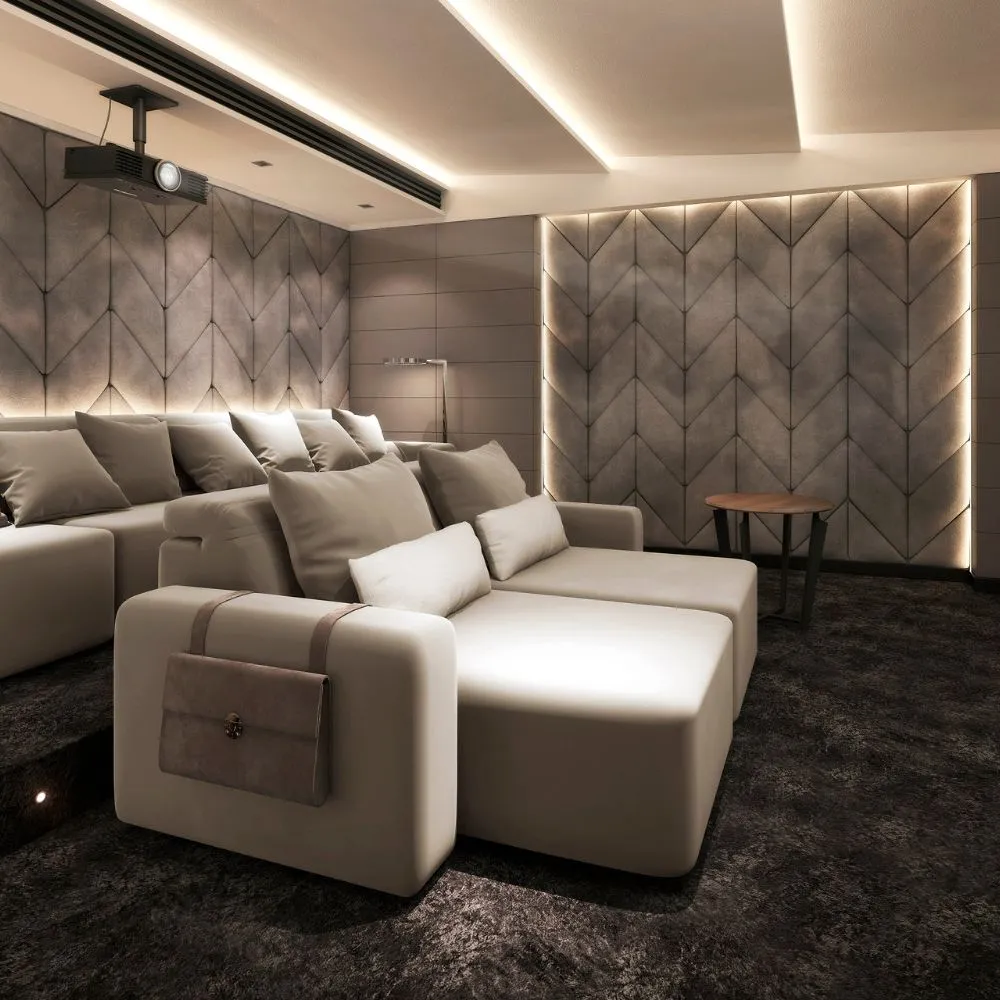 white couch in modern home theatre with large projector screen