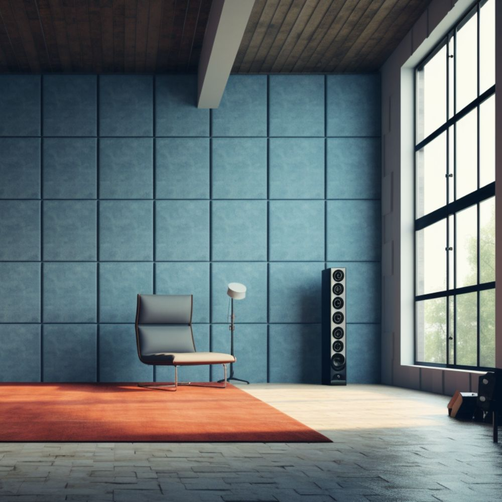 spacious living area with blue acoustic wall tiles