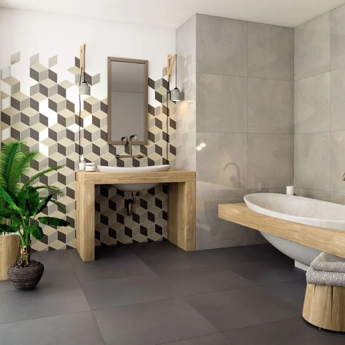 Stylish bathroom interior with contemporary grey and white tiles