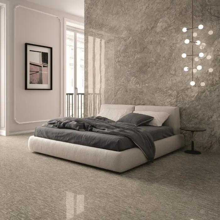 Elegant white bedding on marble flooring