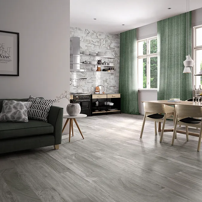 Stylish living space featuring grey wood-effect floor tiles