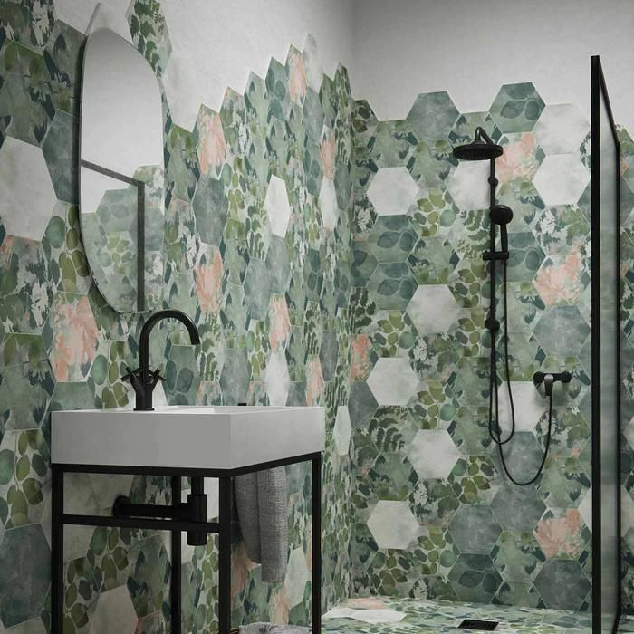 Hexagon green and white tiled bathroom wall