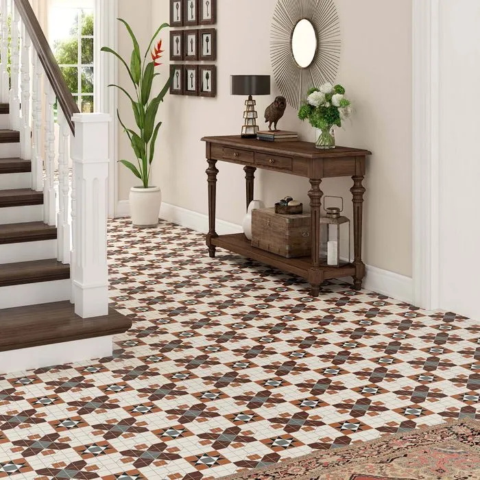 Hallway adorned with art deco tiling and a cosy rug