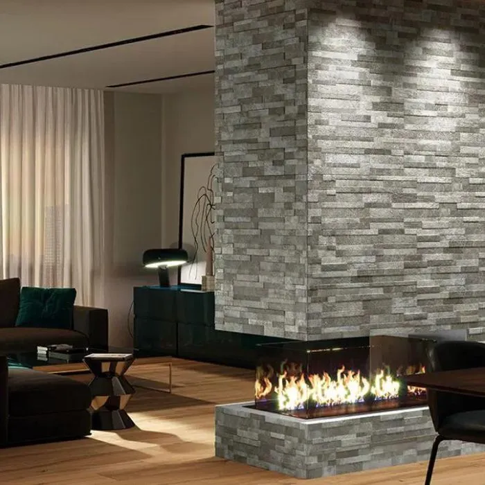 Modern living room with fireplace, featuring a sleek design and brick tiles