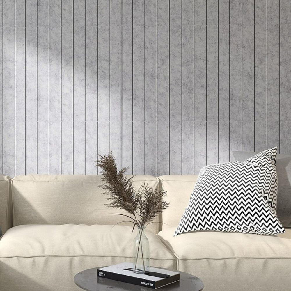 striped acoustic wall tiles complementing a white sofa in a room