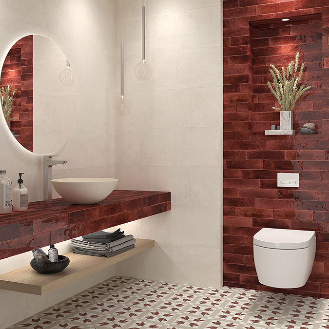 Modern bathroom with vibrant red tile ideas for wall accents