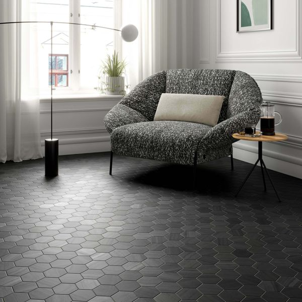 Modern interior featuring stylish black hexagon floor tiles