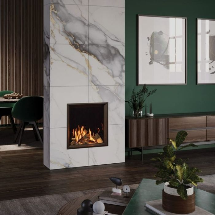 Living room with a luxurious marble fireplace and green decor